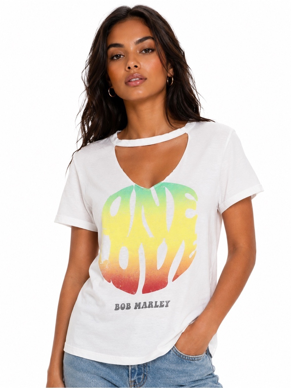Zion Roots Bob Marley V-Neck Cut Out T-Shirt Small